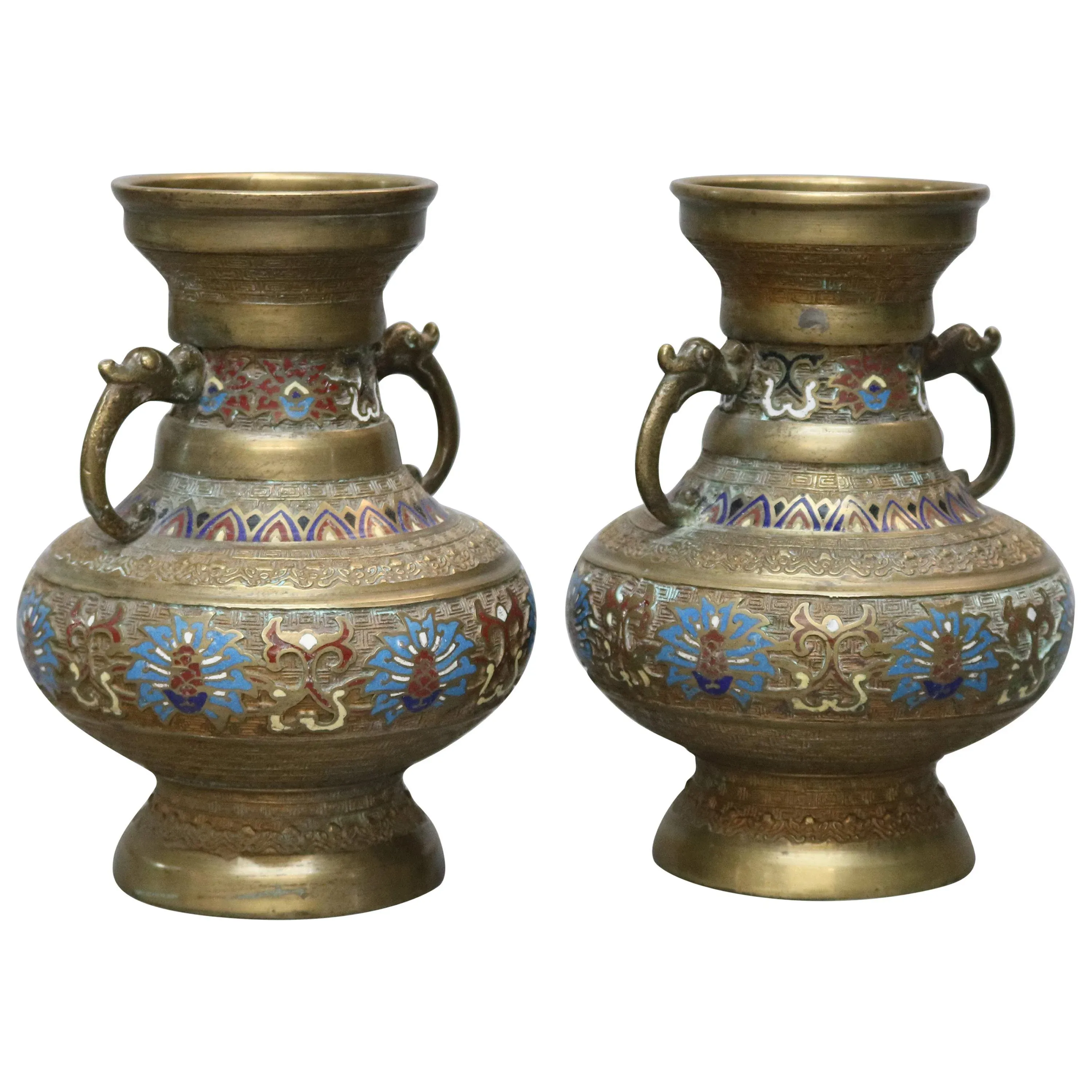 Antique Japanese Persian Style Champlevé Enameled Bronze Vase Set