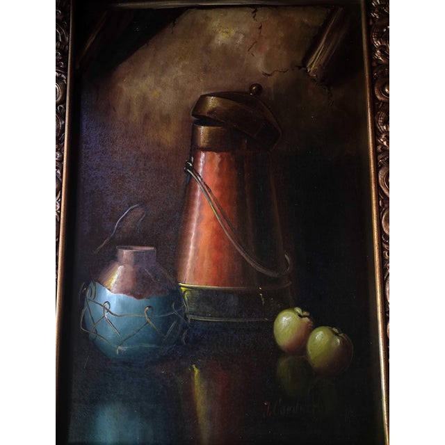 Vintage Realist Still Life Oil Painting With Copper Coffee Pot and Fruit, Signed J. Gardner For Sale In New York - Image 6 of 12