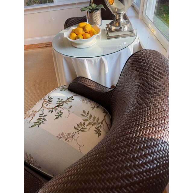 Mark Hampton Rattan Wicker Lounge Chairs by Hickory Chair, Upholstered in Colefax & Fowler, Set of 2 For Sale - Image 4 of 18