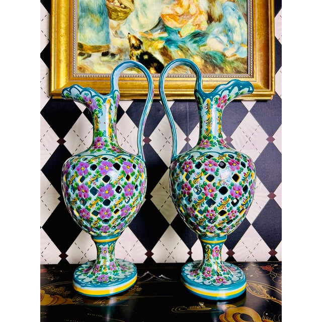Pair Signed J. Leonardo Portuguese Hand-Painted Reticulated Ceramic Ewers, 15" For Sale In Boston - Image 6 of 17