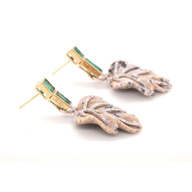 Contemporary Emerald, Diamond and Jasper Leaf Earrings in 14ct Gold - Fei Liu, Pair For Sale - Image 3 of 5