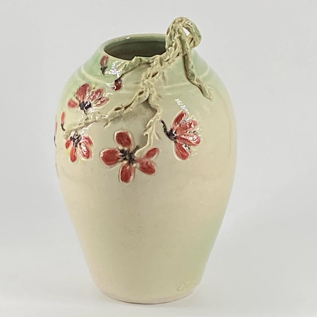 Late 20th Century Vintage Studio Pottery Vase With Flower Blossoms & Applied Relief Branch Signed E. M. For Sale - Image 5 of 11