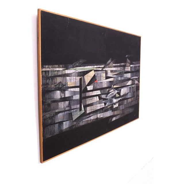 Abstract artwork by German artist Hans Engel, the artwork is titled 'Nachtzug' or Night train with signature. Measurements...