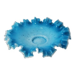 Early 20th Century Victorian Aqua Glass Ruffle Edge Brides Bowl With Metallic Flakes For Sale