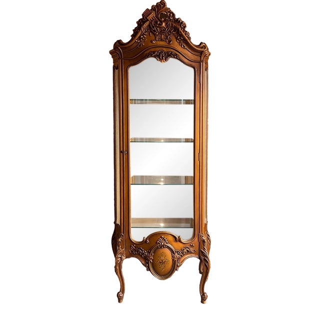 Vintage French Rococo Copper-Gilt Curio Cabinet With Glass Shelves & Mirrored Back For Sale