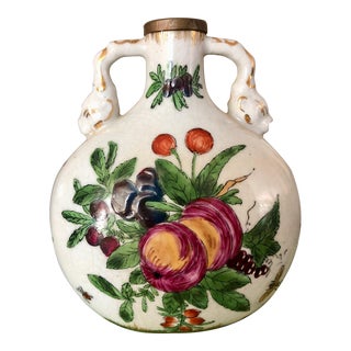 1960's Handpainted Faience Vase With Flowers, Fruit and Insects For Sale