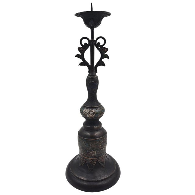 Pair of Late 19th Century Chinese Cloisonné Enamel and Bronze Candlesticks - 16" For Sale - Image 12 of 16