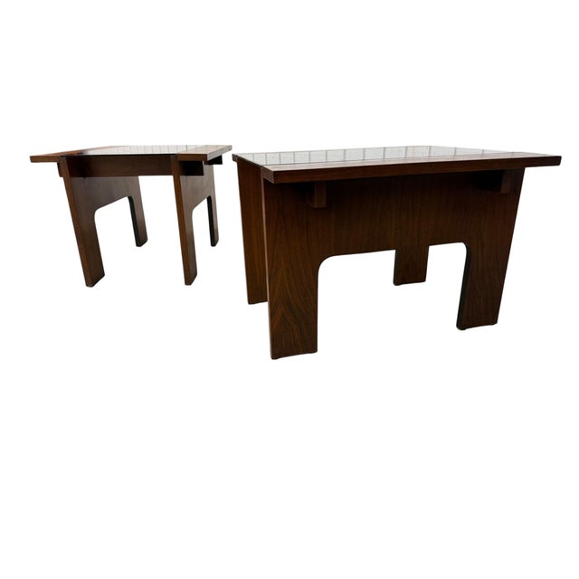 1960s Mid-Century Modern Lane Smoked Glass Walnut Side Tables - Set of 2 For Sale - Image 5 of 11