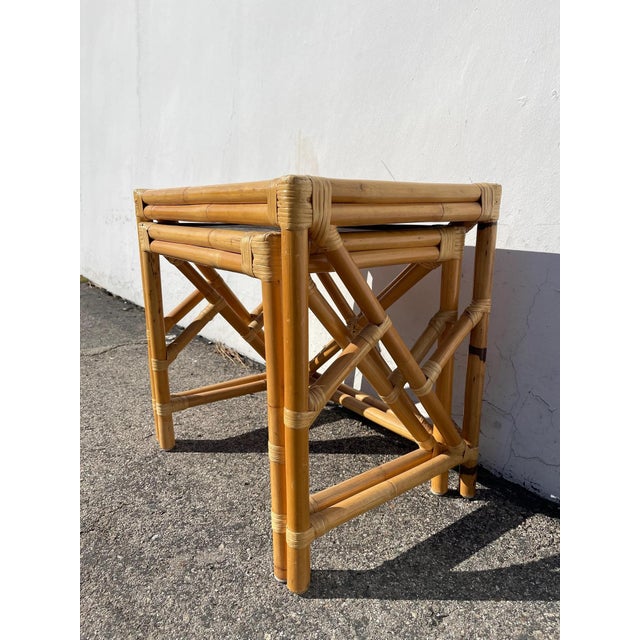 Set of 2 Nesting Tables Faux Bamboo Rattan Chinoiserie Coffee Accent Tables For Sale - Image 4 of 10