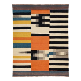 Contemporary Geometric Wool Kilim Rug – Mid-Century Modern Abstract Flat-Weave For Sale