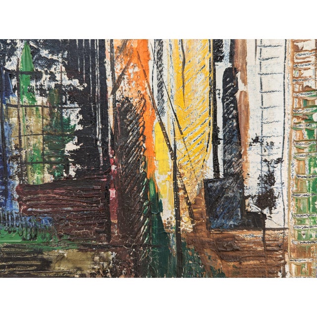 Abstract Richard Dempsey Early Modern Orange, Blue, and Yellow Toned Abstract City Landscape Painting, Mid 20th Century For Sale - Image 3 of 12