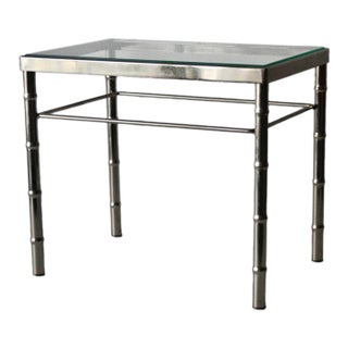 1970s Mid-Century Modern Chrome Faux Bamboo Glass Top Side Table For Sale
