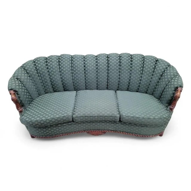 Art Deco Carved Ornate Channel Back Curved 3 Seat Sofa and Lounge Chair with Ottoman for Reupholstery - 3 Piece Parlor Set...