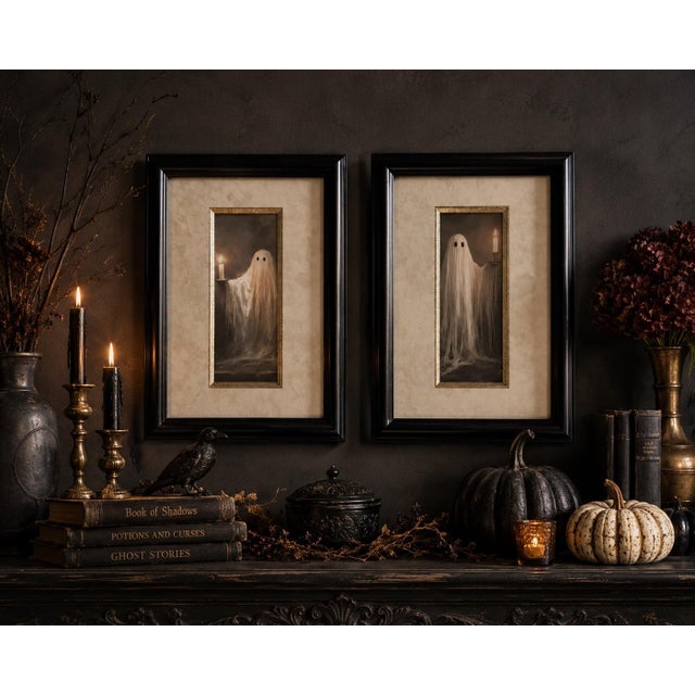 Early 21st Century Pair of Framed Ghost With Candles Portrait Prints | Gothic Halloween Wall Art For Sale - Image 5 of 9