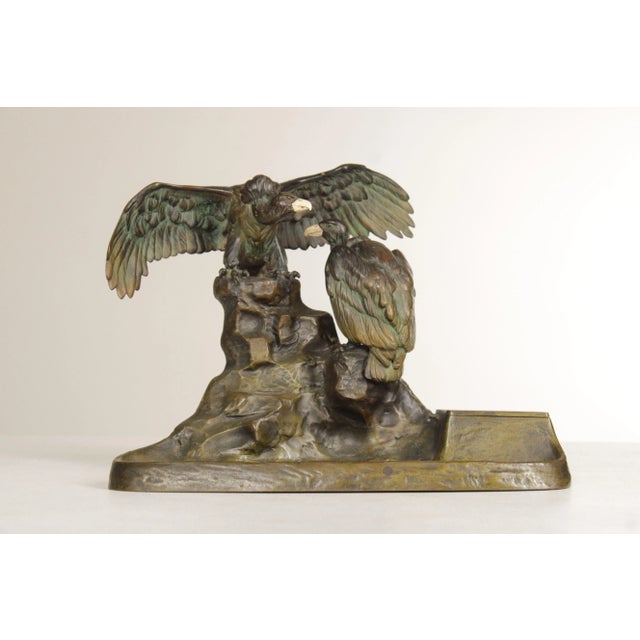 High Quality Late 19th Or Early 20th Century Patinated Bronze Vulture Sculpture with Attached Lidded Inkwell, Signed CSADEK