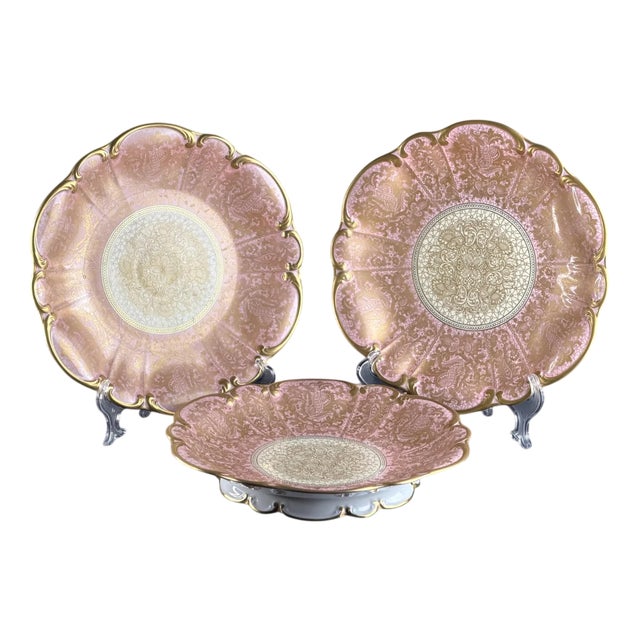 Pink Lustre and Gold Rococo Plates, 1930s, Set of 3 For Sale