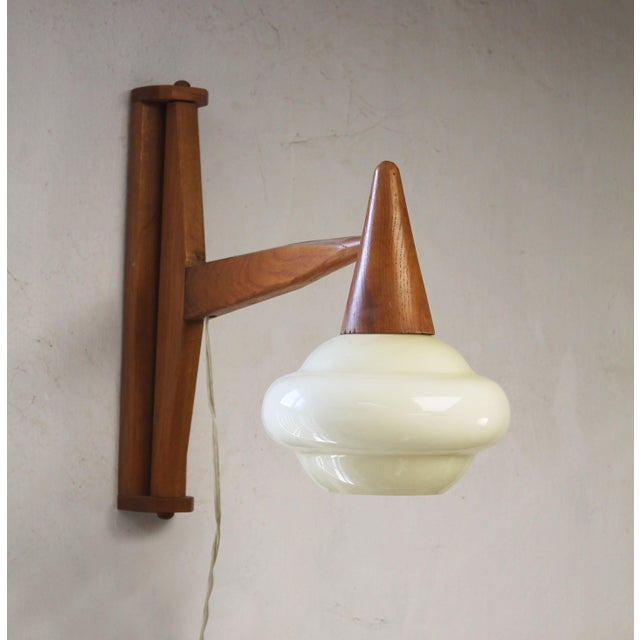 Brown Mid-Century Wooden and Opaline Glass Wall Light, Czechoslovakia, 1960s For Sale - Image 8 of 11
