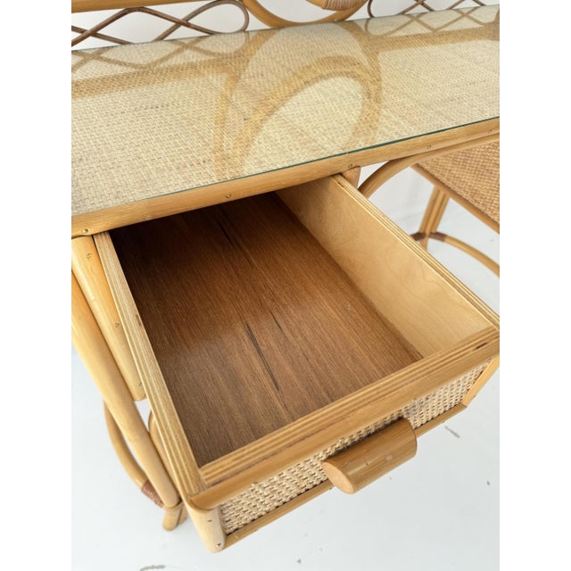 Vintage Glass Top Wicker Bamboo Dressing Table with Mirror by Angraves of Leicester, 1970s For Sale - Image 11 of 14