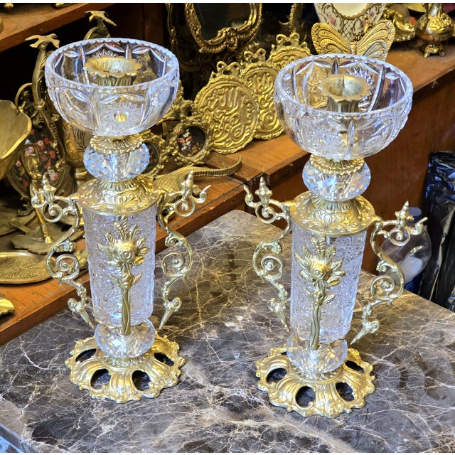 Decorative Brass and Crystal Candle Holder for Luxury Homes Set of 2 French Style For Sale - Image 4 of 6