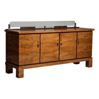 1930-1939 Germany Rich Walnut Brown Glass-Top Walnut Sideboard For Sale