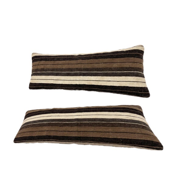 Mid-Century Modern Brown Striped Kilim Lumbar Pillow Cover 15'' X 45'' - Set of Two For Sale - Image 3 of 4
