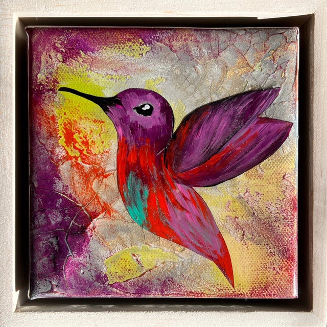 Hummingbird #6 by Ana Hefco | Tinted Layered Resin on Stretched Canvas of a colorful hummingbird For Sale