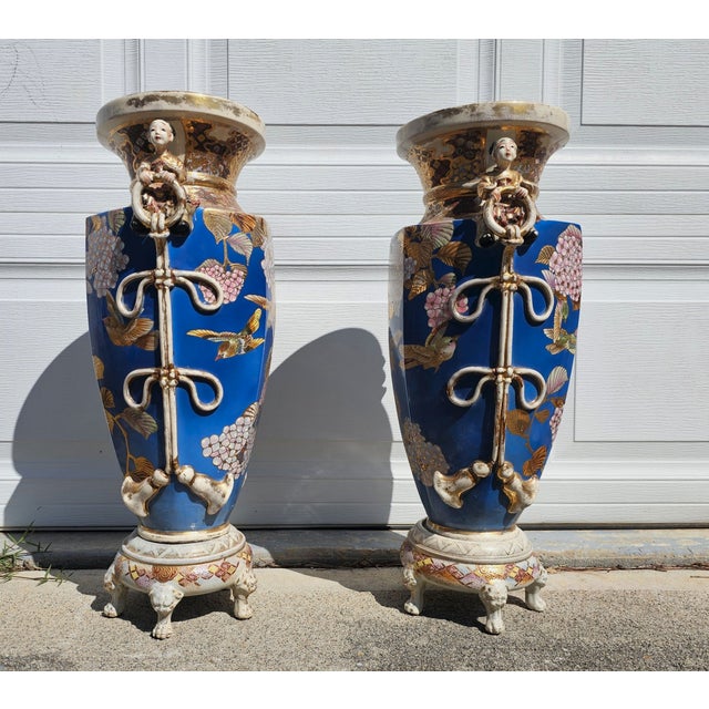Japanese Antique Pair of Japanese Satsuma Ware Large Floor Vases W Stands For Sale - Image 3 of 11