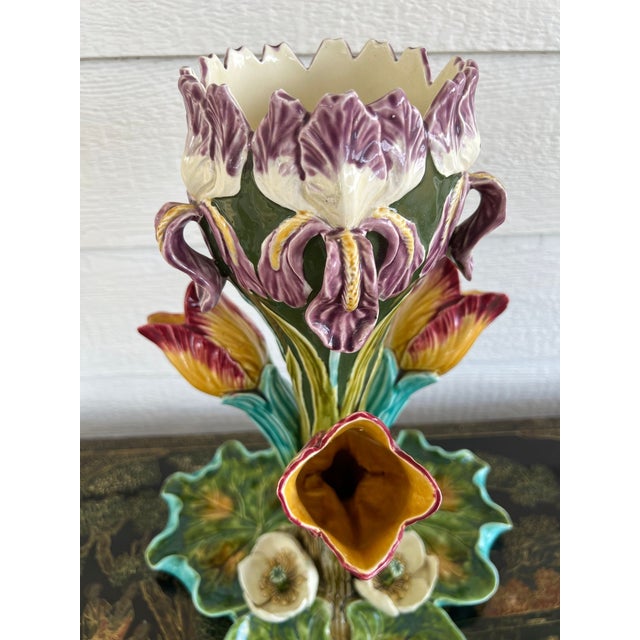 Antique French Majolica Vase Centerpiece Onnaing Art Nouveau Iris Tulip C1900 For Sale - Image 16 of 18