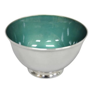 Vintage Mid Century Modern Towle 5003 Green Enamel Silver Plated 7" Footed Bowl For Sale