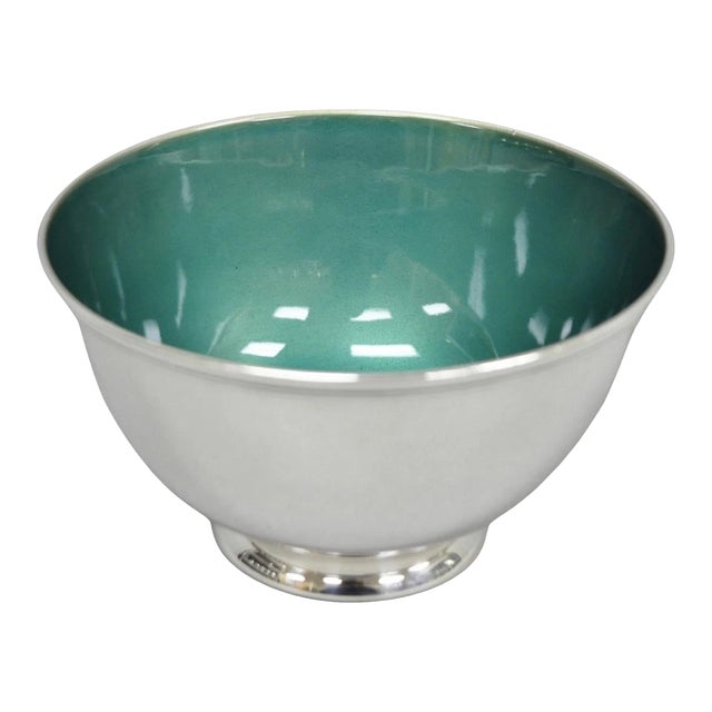 Vintage Mid Century Modern Towle 5003 Green Enamel Silver Plated 7" Footed Bowl For Sale