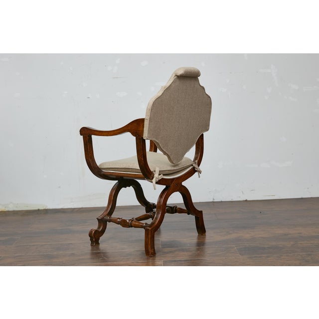 Italian 19th Century Walnut Curule Upholstered Armchair with Carved X-Form Base For Sale - Image 11 of 12
