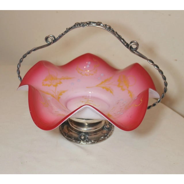 1920s Antique Ornate Silverplate Enameled Glass Centerpiece Footed Fruit Bowl Compote For Sale - Image 5 of 12