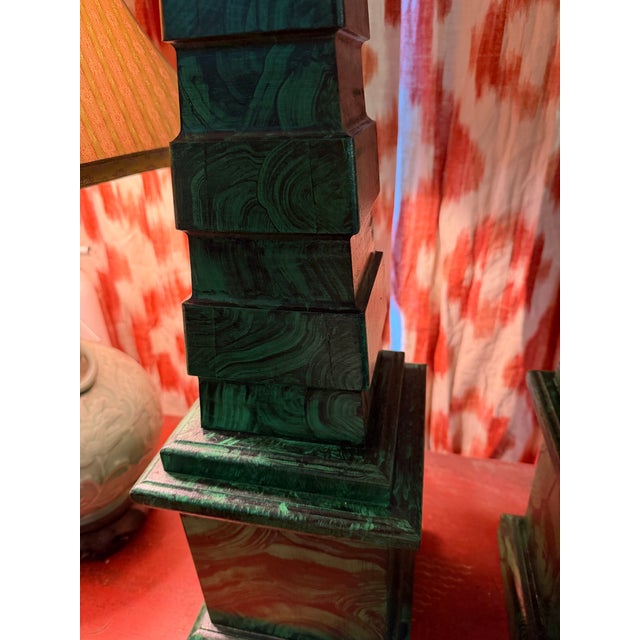 Obelisks Pair With Orb Finial Painted in Faux Malachite. A Pair Neoclassical For Sale In New York - Image 6 of 9
