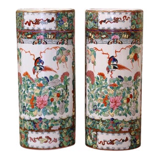 Mid 20th Century Chinese Painted & Gilt Rose Medallion Porcelain Hat Stands - a Pair For Sale