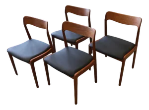 Danish Chair in Teak and Black Leather, 1960s, Set of 4