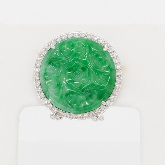 Platinum Carved Green Jade and Diamond Platinum Brooch For Sale - Image 8 of 8