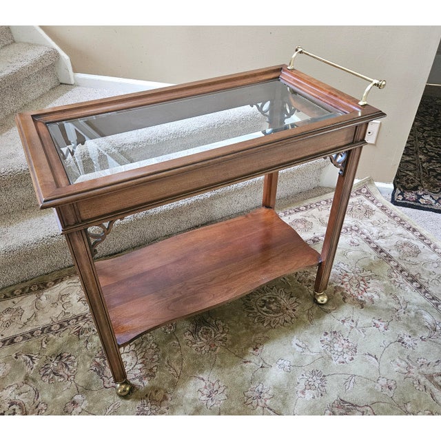 Wood Vintage Rolling Wood / Brass Bar Tea Cart For Sale - Image 7 of 9