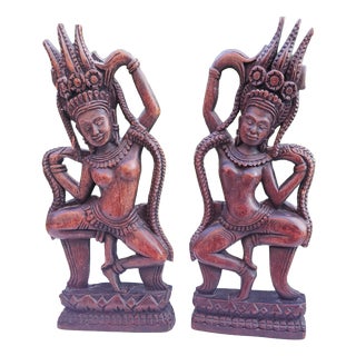 Nude Wooden Apsara Dancer Figurine, Cambodia, 1980s, Set of 2 For Sale