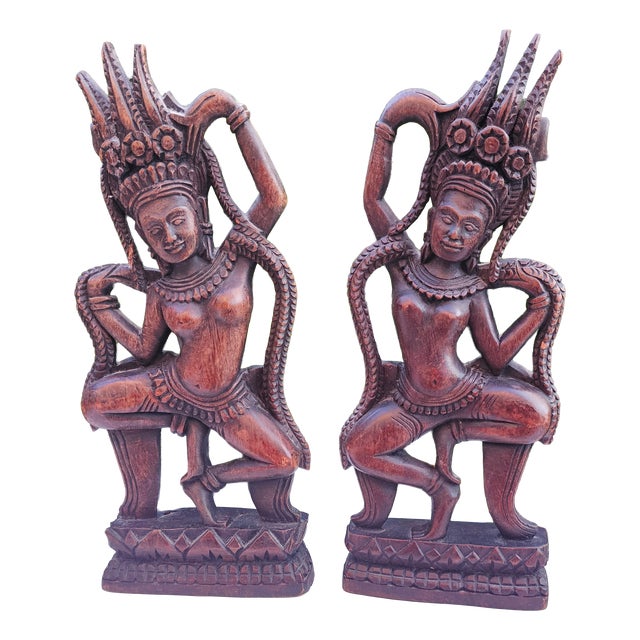 Nude Wooden Apsara Dancer Figurine, Cambodia, 1980s, Set of 2 For Sale