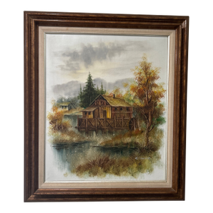 Mid 20th Century Rustic Wooden Cabin on the Lake Framed Oil Painting on Canvas by W. Zeller