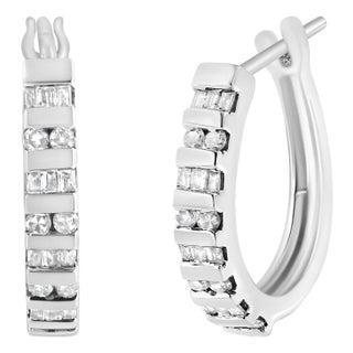 10K White Gold 1.0 Cttw Round and Baguette-Cut Diamond Hoop Earrings (I-J Color, I2-I3 Clarity) For Sale