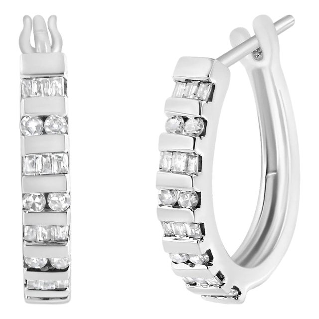 10K White Gold 1.0 Cttw Round and Baguette-Cut Diamond Hoop Earrings (I-J Color, I2-I3 Clarity) For Sale