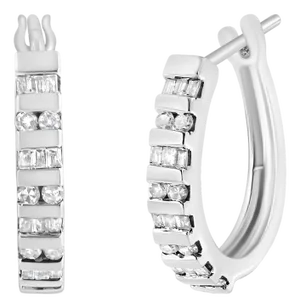 10K White Gold 1.0 Cttw Round and Baguette-Cut Diamond Hoop Earrings (I-J Color, I2-I3 Clarity)