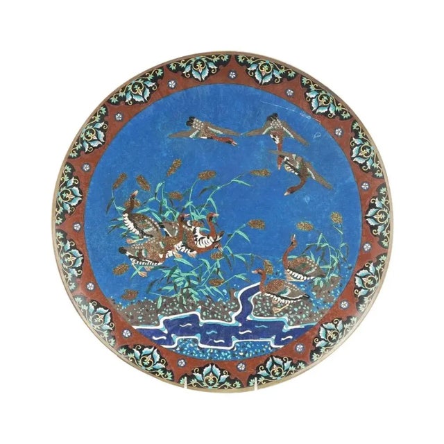 18" Large Meiji Japanese Cloisonne Enamel Charger Flying Geese For Sale - Image 4 of 4