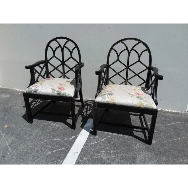 Lattice Work Back Black Arm Chairs - a Pair For Sale - Image 9 of 11