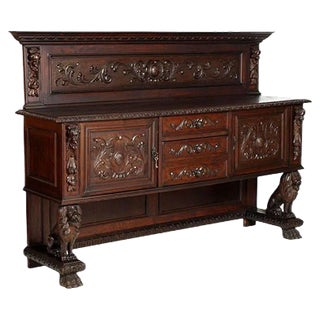 19th Century Hand-Carved Walnut Credenza, 1880s For Sale