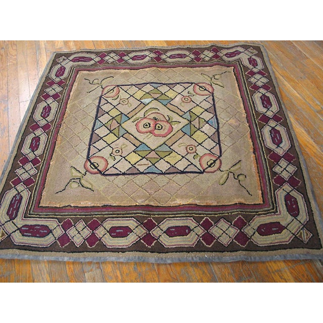 Antique American hooked 4'2" x 4'2". Antique American Hooked Geometric Medallion Rug, Circa Date: 1930s. This charming...