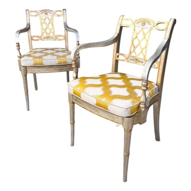 Pair of Vintage Maitland-Smith Silver & Gold Leaf Neoclassical Armchairs With New Designer Cushions For Sale