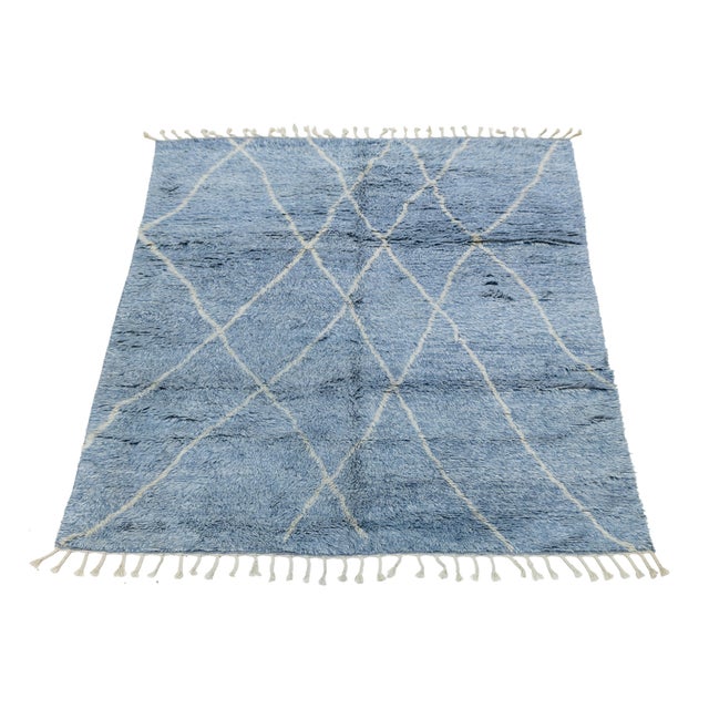 Handmade Moroccan Style Wool Rug With Soft Lattice Geometric in Denim Blue 8x10 For Sale - Image 10 of 12