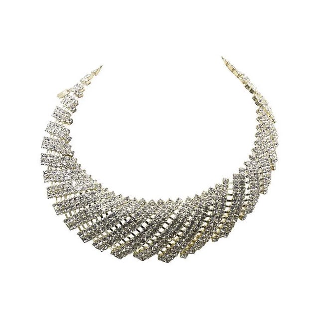 Silver Rhinestone Bib Cocktail Statement Necklace and Earrings - 3 Pieces For Sale - Image 8 of 10